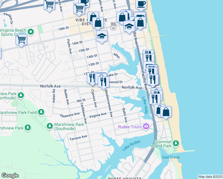 map of restaurants, bars, coffee shops, grocery stores, and more near 518 Norfolk Avenue in Virginia Beach