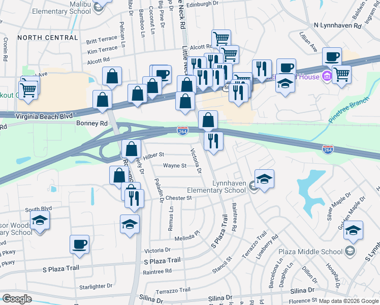 map of restaurants, bars, coffee shops, grocery stores, and more near 137 Victoria Drive in Virginia Beach