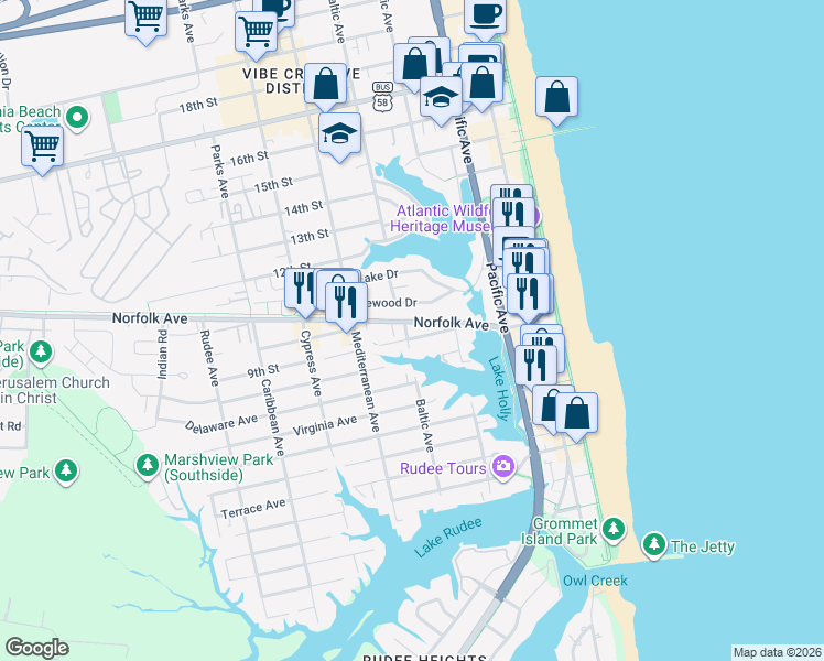map of restaurants, bars, coffee shops, grocery stores, and more near 438 9th Street in Virginia Beach