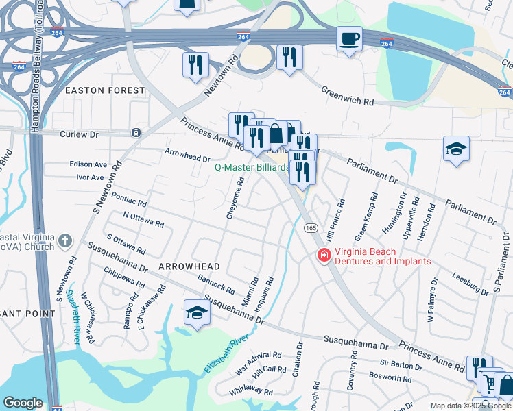map of restaurants, bars, coffee shops, grocery stores, and more near 5628 Comanche Road in Virginia Beach