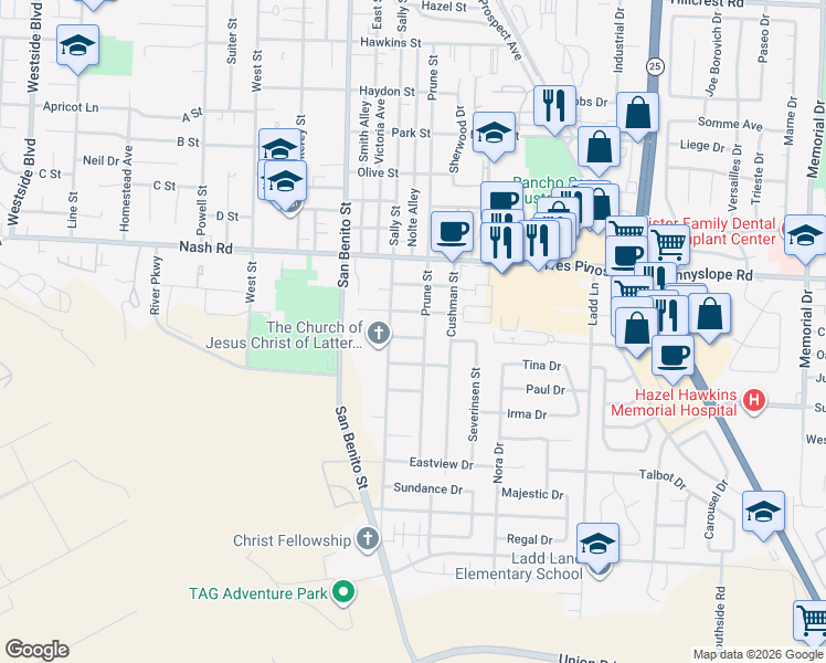 map of restaurants, bars, coffee shops, grocery stores, and more near 1760 Prune Street in Hollister