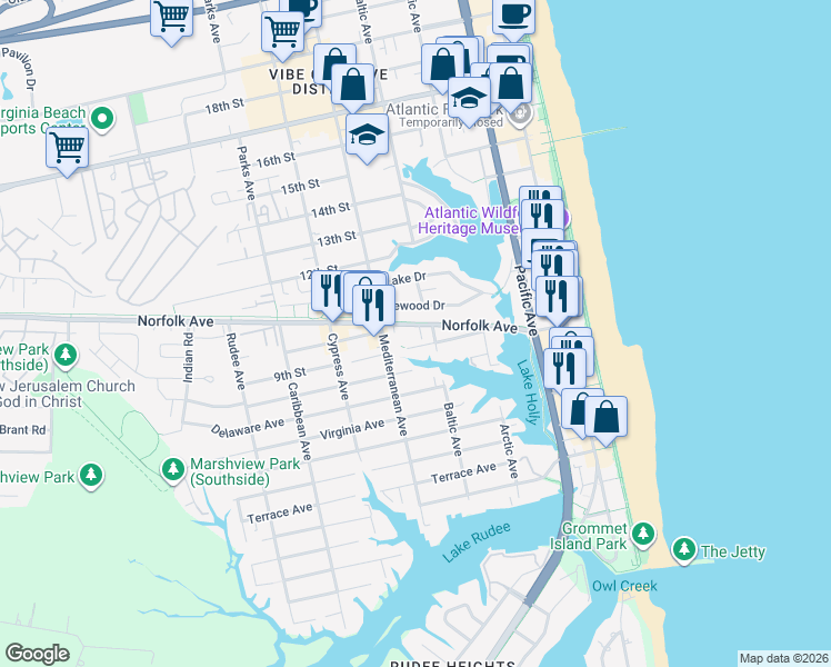 map of restaurants, bars, coffee shops, grocery stores, and more near 515 9th Street in Virginia Beach