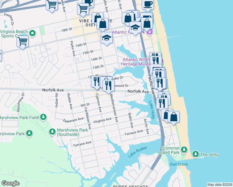 map of restaurants, bars, coffee shops, grocery stores, and more near 515 9th Street in Virginia Beach