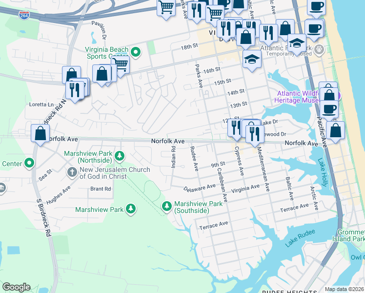 map of restaurants, bars, coffee shops, grocery stores, and more near 1002 Rudee Avenue in Virginia Beach