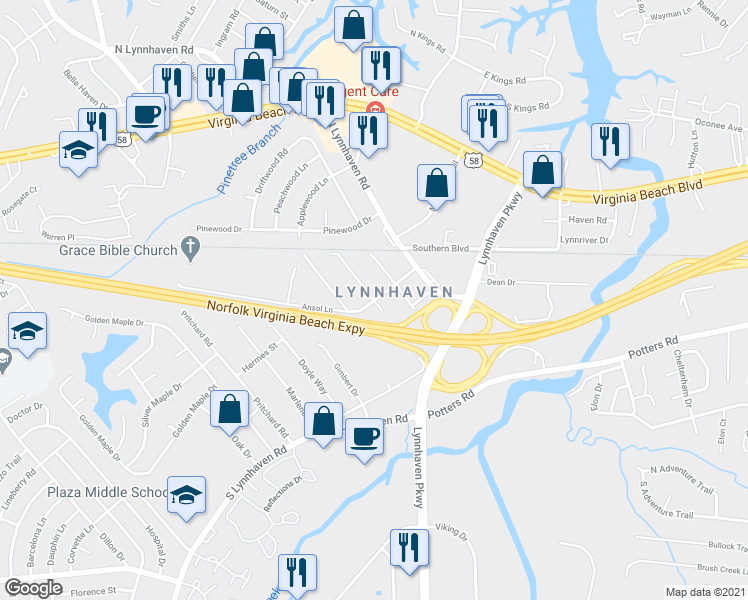 map of restaurants, bars, coffee shops, grocery stores, and more near 2745 Ansol Lane in Virginia Beach