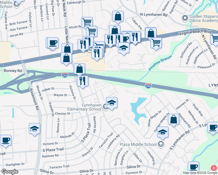 map of restaurants, bars, coffee shops, grocery stores, and more near 3309 Rainier Court in Virginia Beach