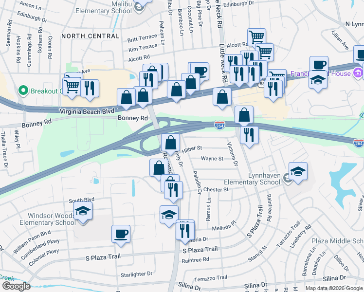 map of restaurants, bars, coffee shops, grocery stores, and more near 3564 Hilber Street in Virginia Beach