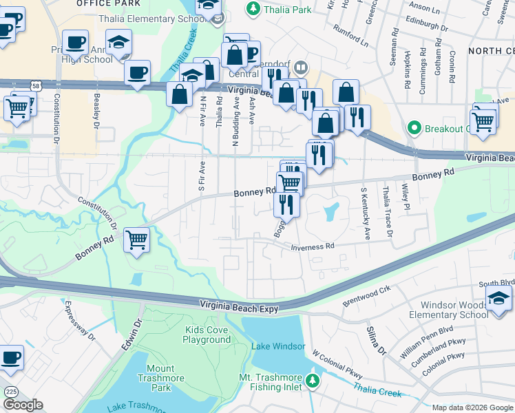 map of restaurants, bars, coffee shops, grocery stores, and more near 156 South Budding Avenue in Virginia Beach