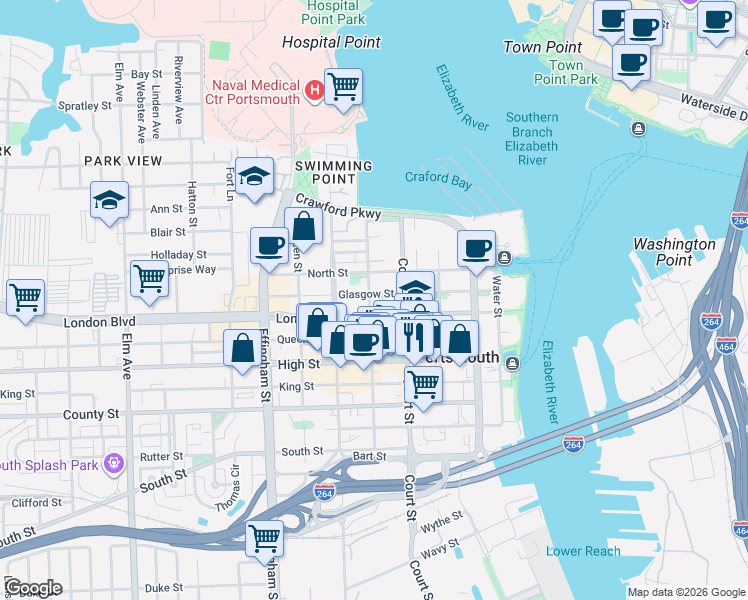 map of restaurants, bars, coffee shops, grocery stores, and more near 420 London Street in Portsmouth
