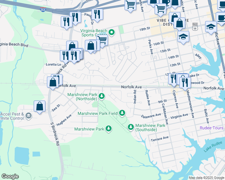 map of restaurants, bars, coffee shops, grocery stores, and more near 535 Marsh Duck Way in Virginia Beach