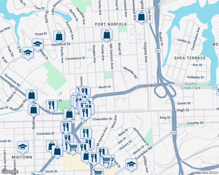 map of restaurants, bars, coffee shops, grocery stores, and more near 2825 North Street in Portsmouth
