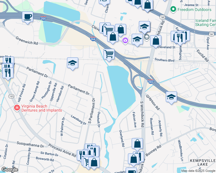 map of restaurants, bars, coffee shops, grocery stores, and more near 136 Convention Drive in Virginia Beach