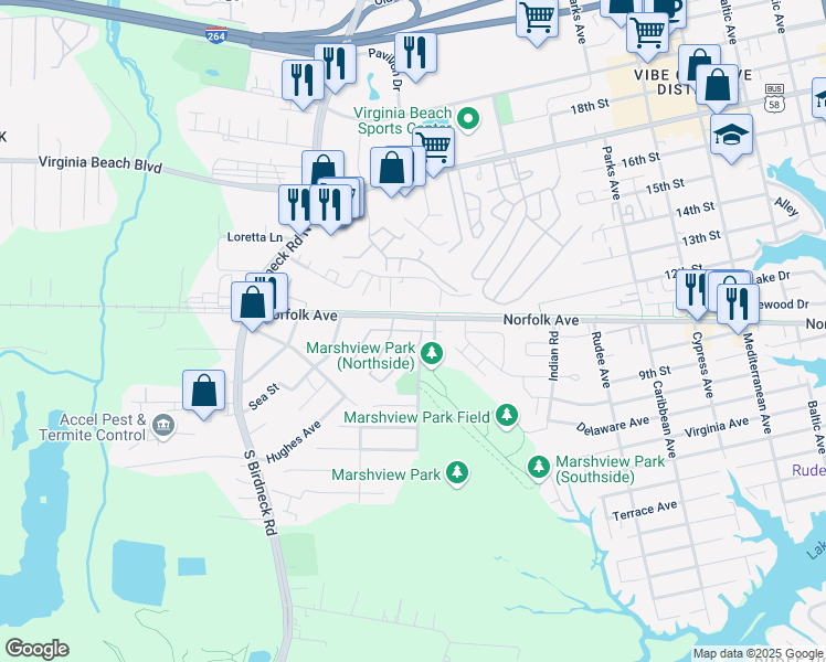 map of restaurants, bars, coffee shops, grocery stores, and more near 1058 Ocean Pebbles Way in Virginia Beach