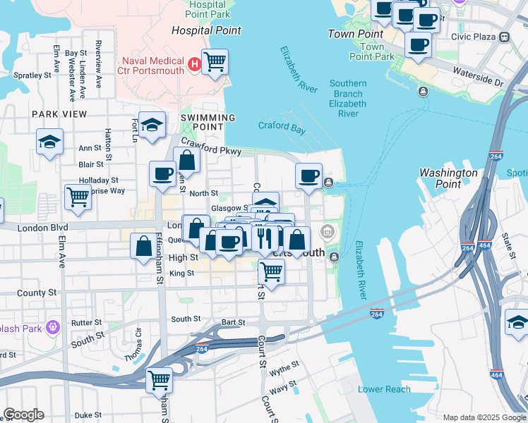 map of restaurants, bars, coffee shops, grocery stores, and more near 405 Court Street in Portsmouth