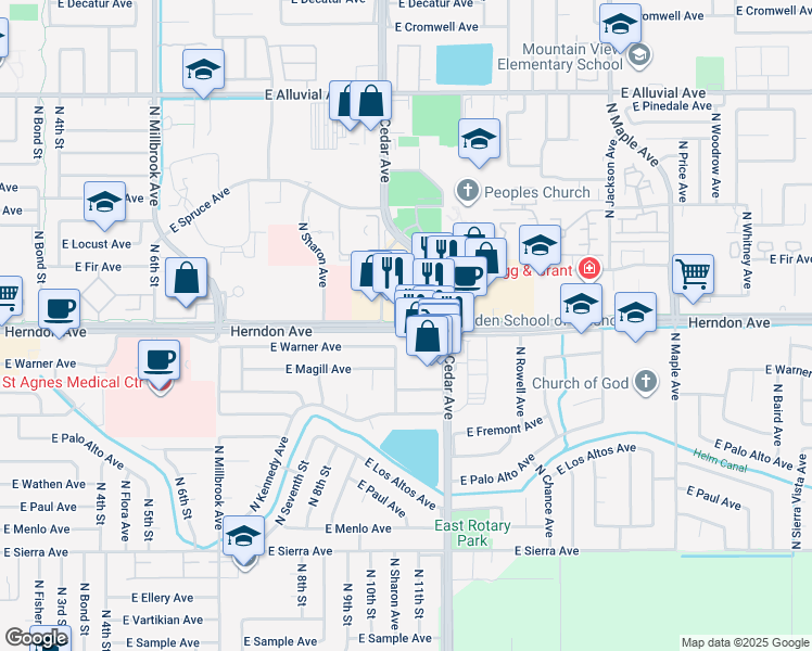 map of restaurants, bars, coffee shops, grocery stores, and more near 1648 East Herndon Avenue in Fresno