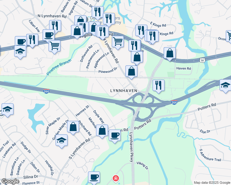 map of restaurants, bars, coffee shops, grocery stores, and more near 153 Bassett Avenue in Virginia Beach