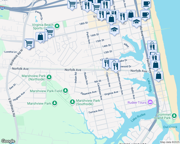 map of restaurants, bars, coffee shops, grocery stores, and more near 813 Spencer Court in Virginia Beach