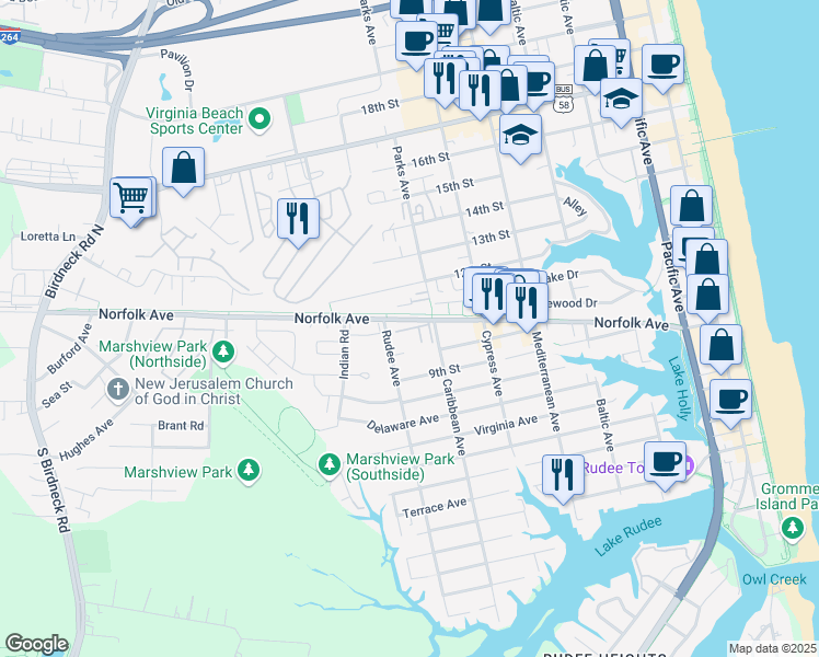 map of restaurants, bars, coffee shops, grocery stores, and more near 811 Spencer Court in Virginia Beach
