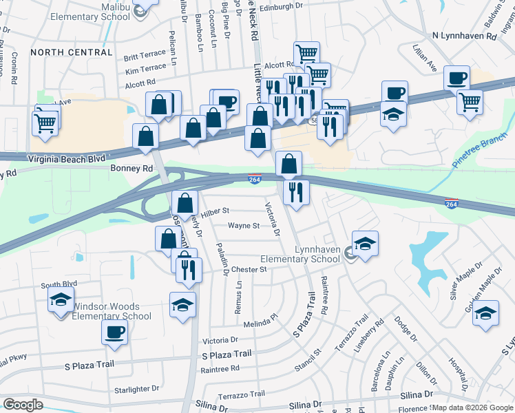 map of restaurants, bars, coffee shops, grocery stores, and more near 3521 Hilber Street in Virginia Beach