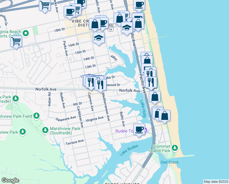 map of restaurants, bars, coffee shops, grocery stores, and more near 506 Norfolk Avenue in Virginia Beach