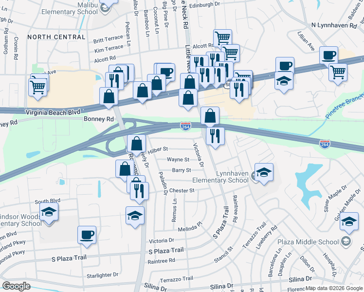 map of restaurants, bars, coffee shops, grocery stores, and more near 3521 Hilber Street in Virginia Beach