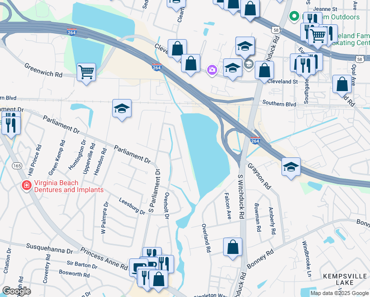 map of restaurants, bars, coffee shops, grocery stores, and more near 136 Convention Drive in Virginia Beach
