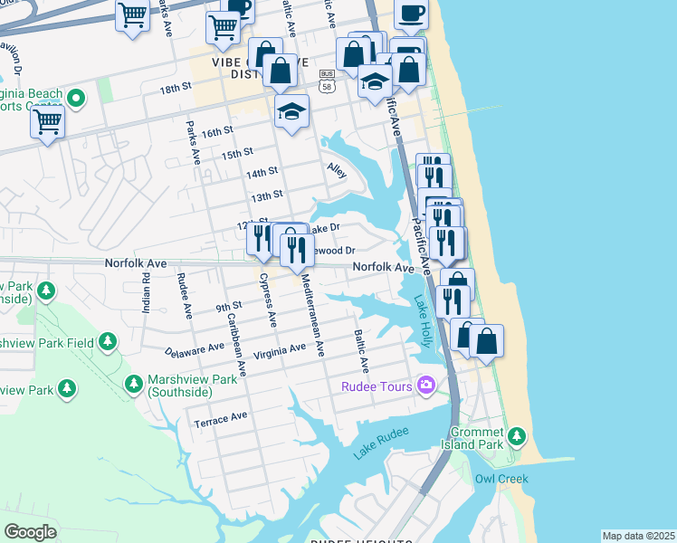 map of restaurants, bars, coffee shops, grocery stores, and more near 506 Norfolk Avenue in Virginia Beach