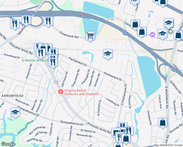 map of restaurants, bars, coffee shops, grocery stores, and more near 165 Upperville Road in Virginia Beach