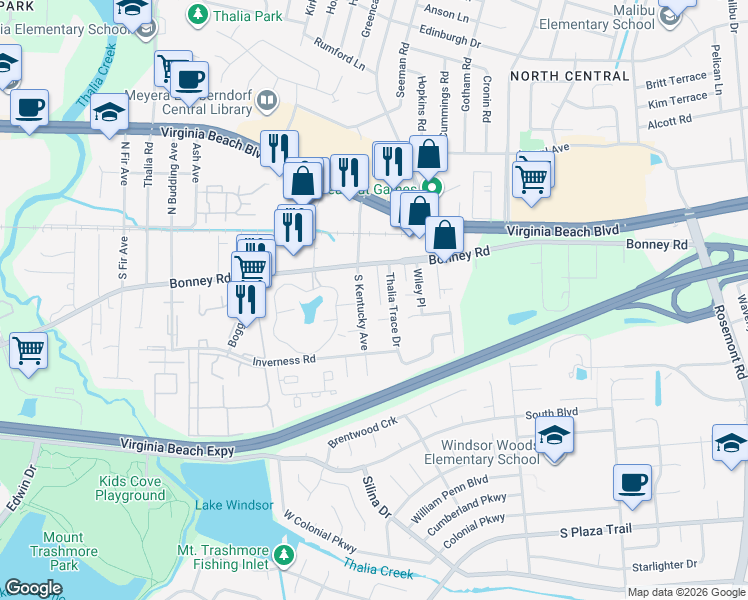 map of restaurants, bars, coffee shops, grocery stores, and more near 137 Pinter Court in Virginia Beach