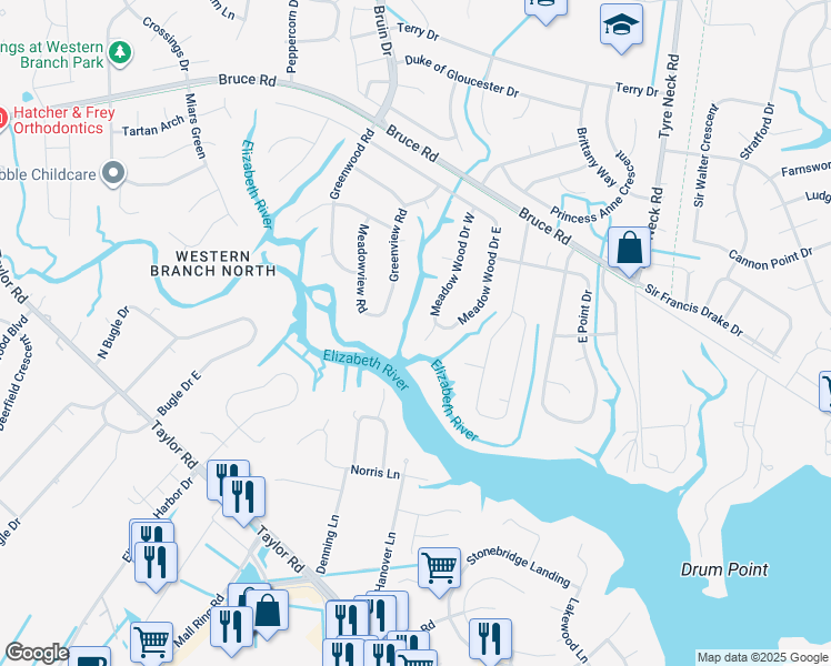 map of restaurants, bars, coffee shops, grocery stores, and more near 2856 Meadow Wood Court in Chesapeake