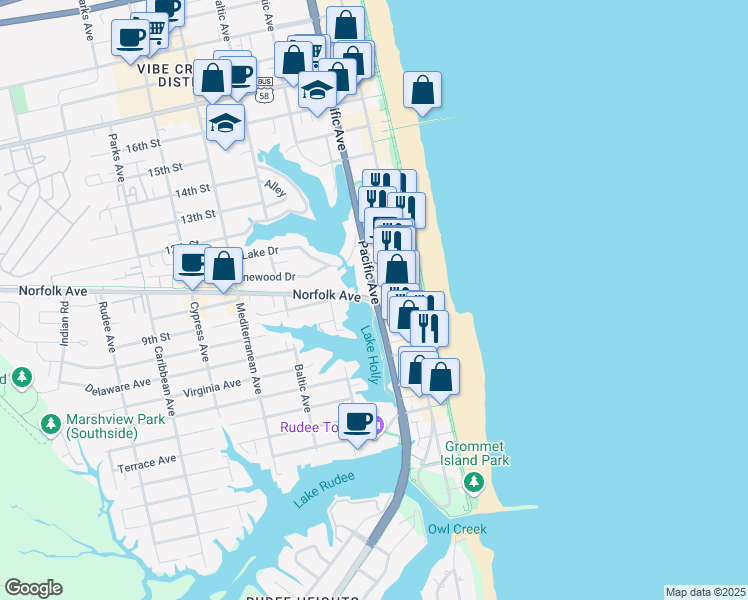 map of restaurants, bars, coffee shops, grocery stores, and more near 303 Norfolk Avenue in Virginia Beach