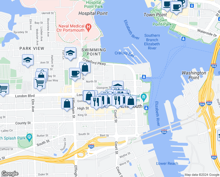 map of restaurants, bars, coffee shops, grocery stores, and more near 409 Glasgow Street in Portsmouth