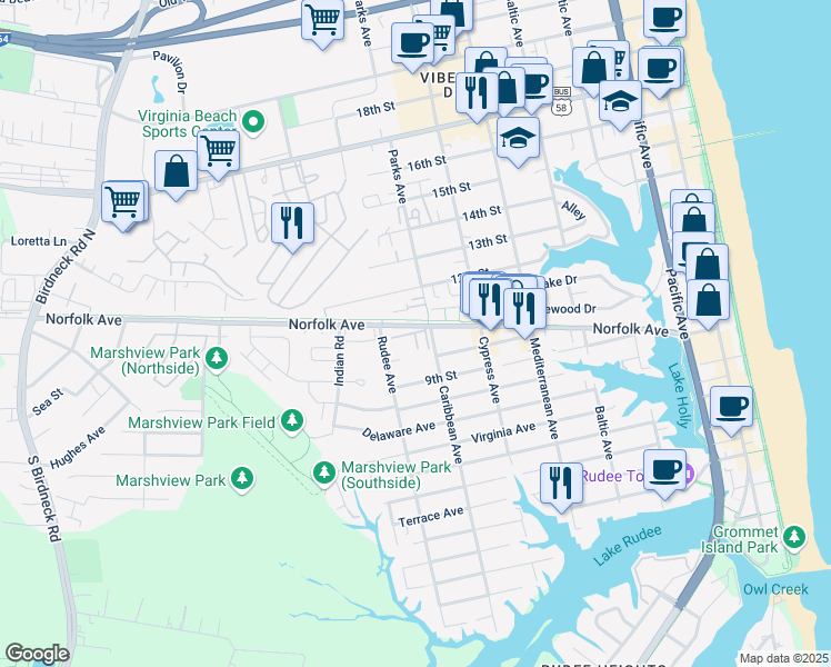 map of restaurants, bars, coffee shops, grocery stores, and more near 1005 Barclay Square in Virginia Beach