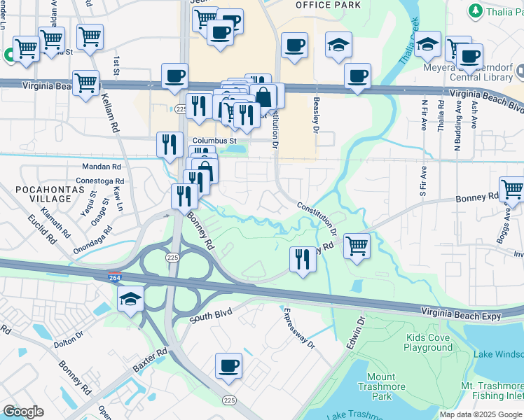 map of restaurants, bars, coffee shops, grocery stores, and more near 4612 Genoa Circle in Virginia Beach