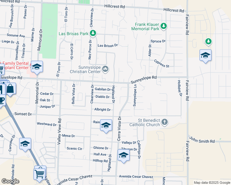 map of restaurants, bars, coffee shops, grocery stores, and more near 1590 Highland Drive in Hollister