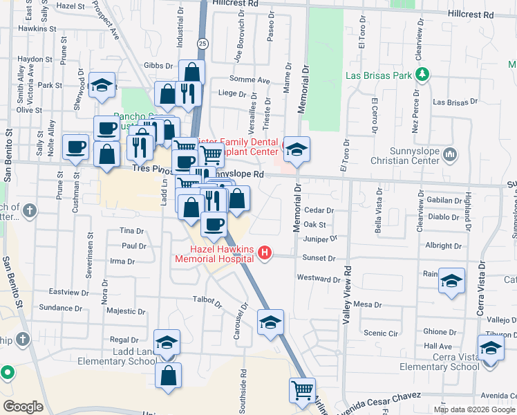 map of restaurants, bars, coffee shops, grocery stores, and more near 1620 Liberty Drive in Hollister
