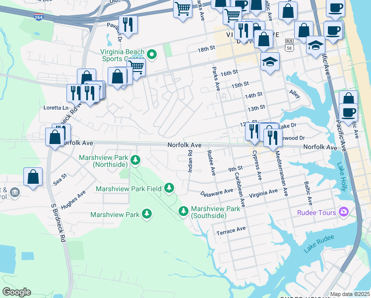 map of restaurants, bars, coffee shops, grocery stores, and more near 1200 Indian Road in Virginia Beach