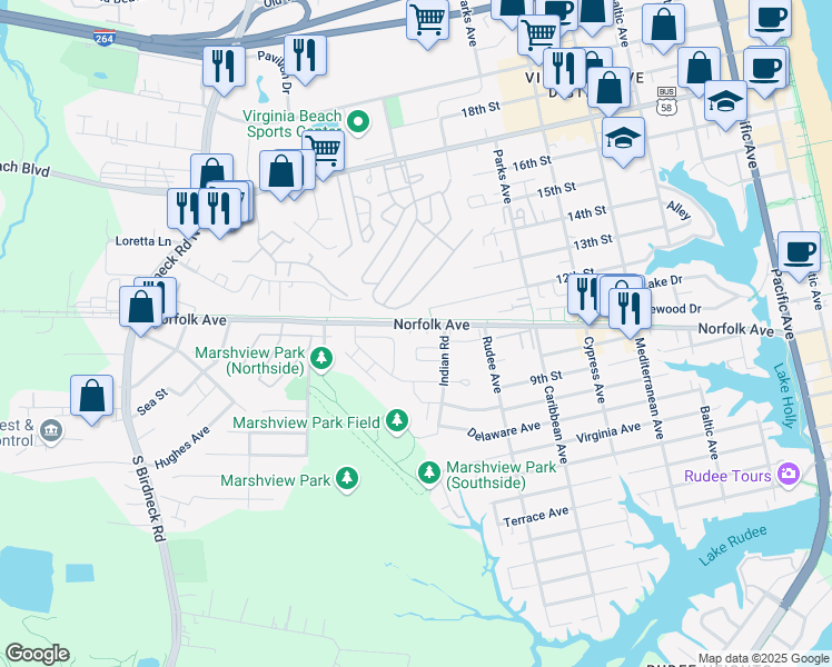 map of restaurants, bars, coffee shops, grocery stores, and more near 434 Marsh Duck Way in Virginia Beach