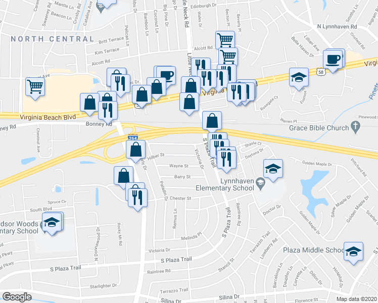 map of restaurants, bars, coffee shops, grocery stores, and more near 3521 Hilber Street in Virginia Beach