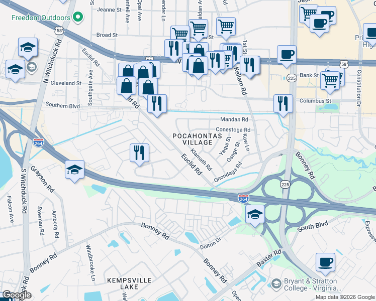 map of restaurants, bars, coffee shops, grocery stores, and more near 4904 Euclid Road in Virginia Beach