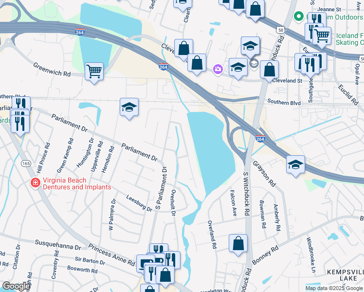 map of restaurants, bars, coffee shops, grocery stores, and more near 141 Convention Drive in Virginia Beach
