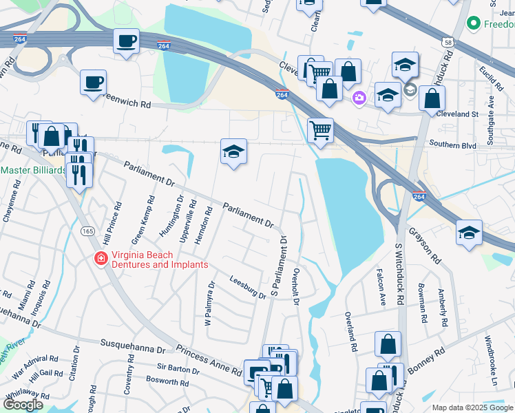 map of restaurants, bars, coffee shops, grocery stores, and more near 5312 Parliament Drive in Virginia Beach