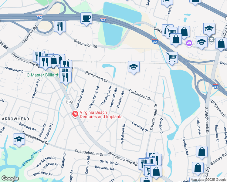 map of restaurants, bars, coffee shops, grocery stores, and more near 165 Upperville Road in Virginia Beach