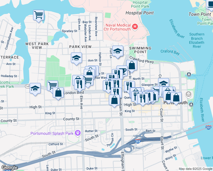 map of restaurants, bars, coffee shops, grocery stores, and more near 900-1020 London Boulevard in Portsmouth