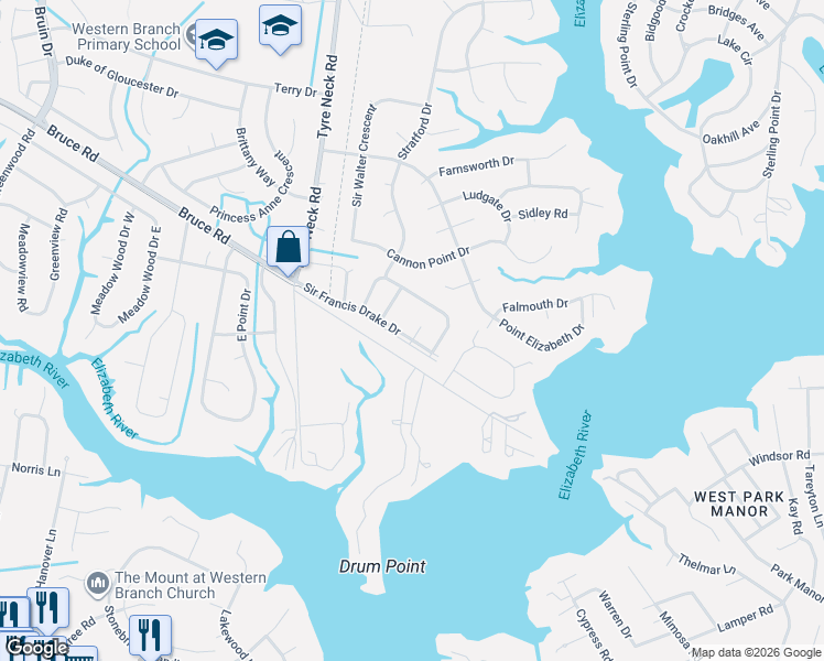 map of restaurants, bars, coffee shops, grocery stores, and more near 3834 Sir Francis Drake Drive in Chesapeake