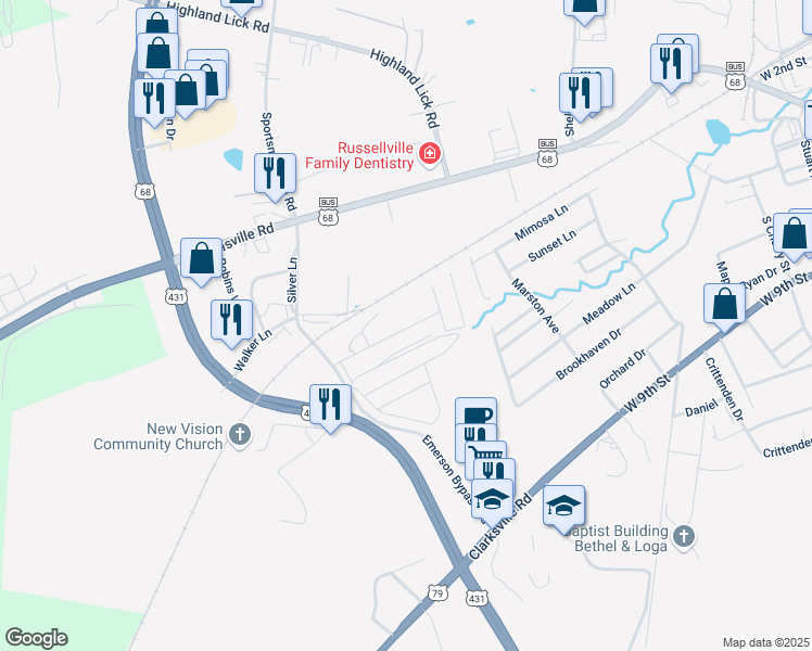 map of restaurants, bars, coffee shops, grocery stores, and more near d47 Logan Estates Lane D in Russellville