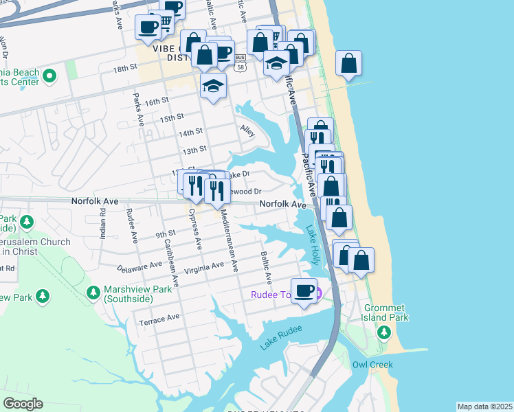 map of restaurants, bars, coffee shops, grocery stores, and more near 416 Norfolk Avenue in Virginia Beach