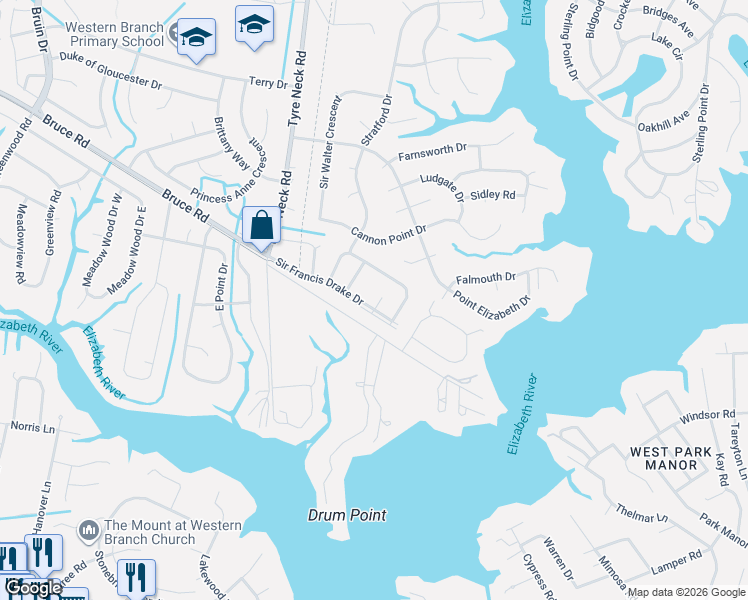 map of restaurants, bars, coffee shops, grocery stores, and more near 3834 Sir Francis Drake Drive in Chesapeake