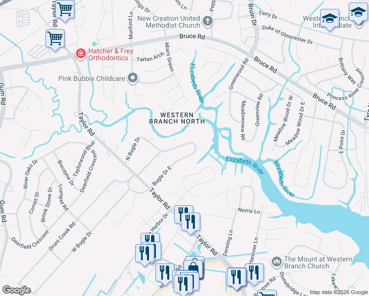 map of restaurants, bars, coffee shops, grocery stores, and more near 2340 North Bugle Drive in Chesapeake