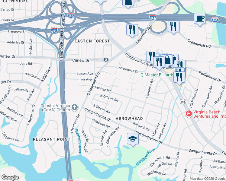 map of restaurants, bars, coffee shops, grocery stores, and more near 5764 Pontiac Road in Virginia Beach